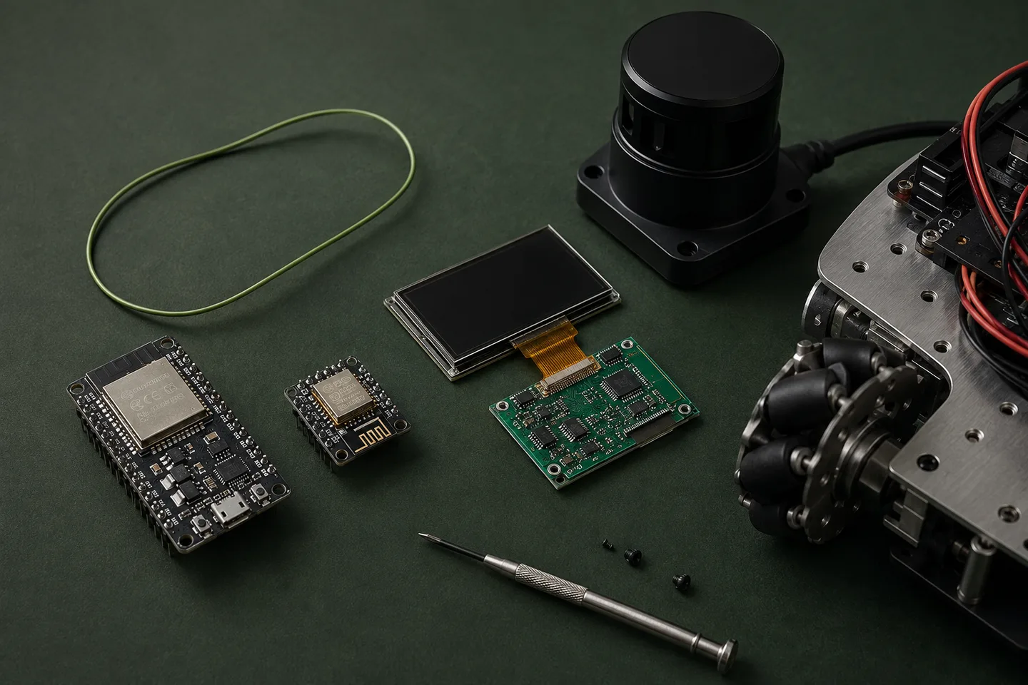 An illustrated workbench with development boards, an opened screen, a lidar sensor and a robot chassis.